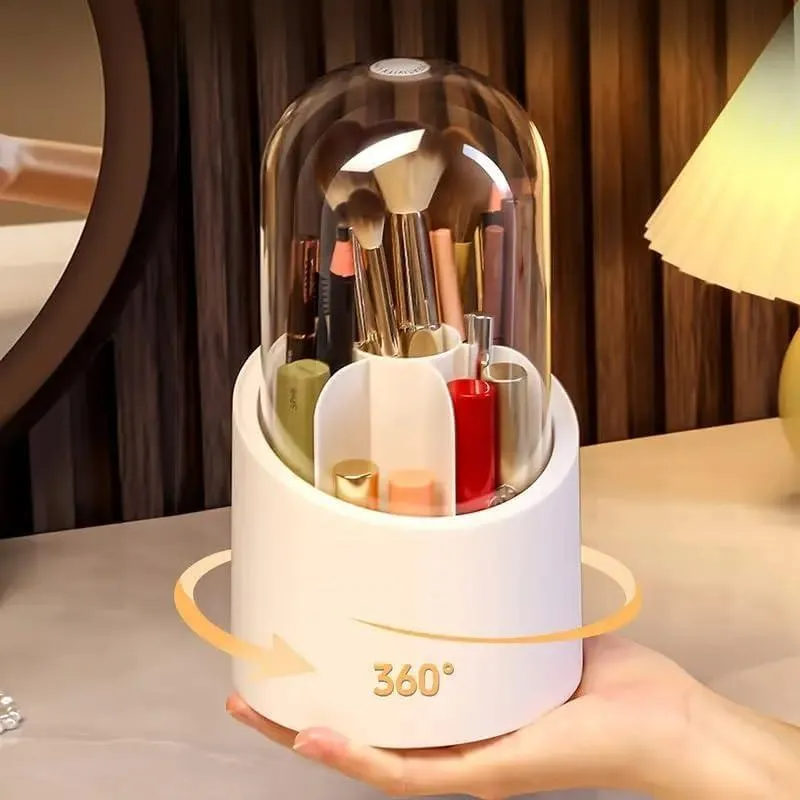 360° Rotating Makeup Brush Organizer with Clear Dust-Proof Lid - Premium Acrylic Vanity Storage (White)