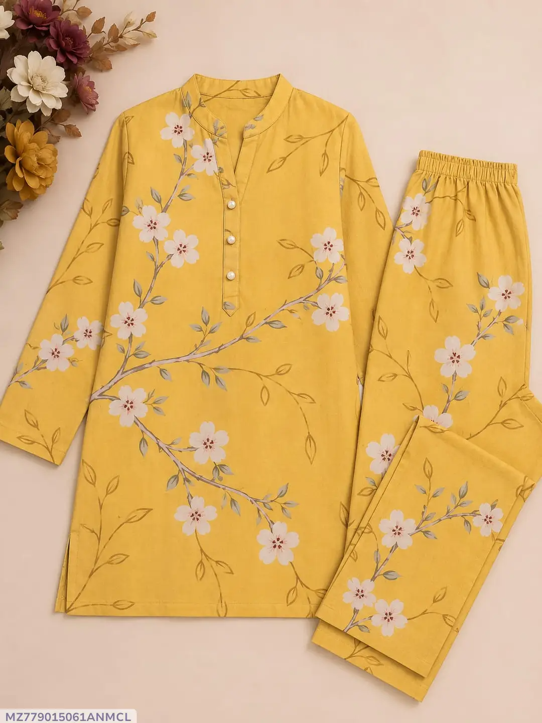 Women's Unstitched 3-D Block Printed 2-Piece Cotton Suit (Yellow)