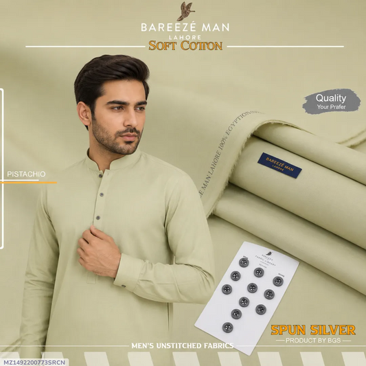 Men's Unstitched Premium Cotton Suit - Lightweight Summer Shalwar Kameez Fabric (Green)