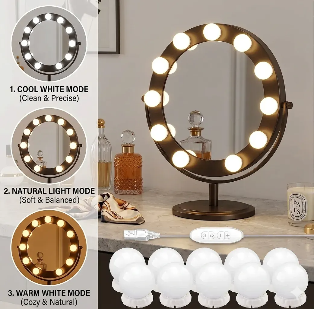Hollywood Style LED Vanity Mirror Lights Kit - 3 Color Modes Dimmable Makeup Light Bulbs