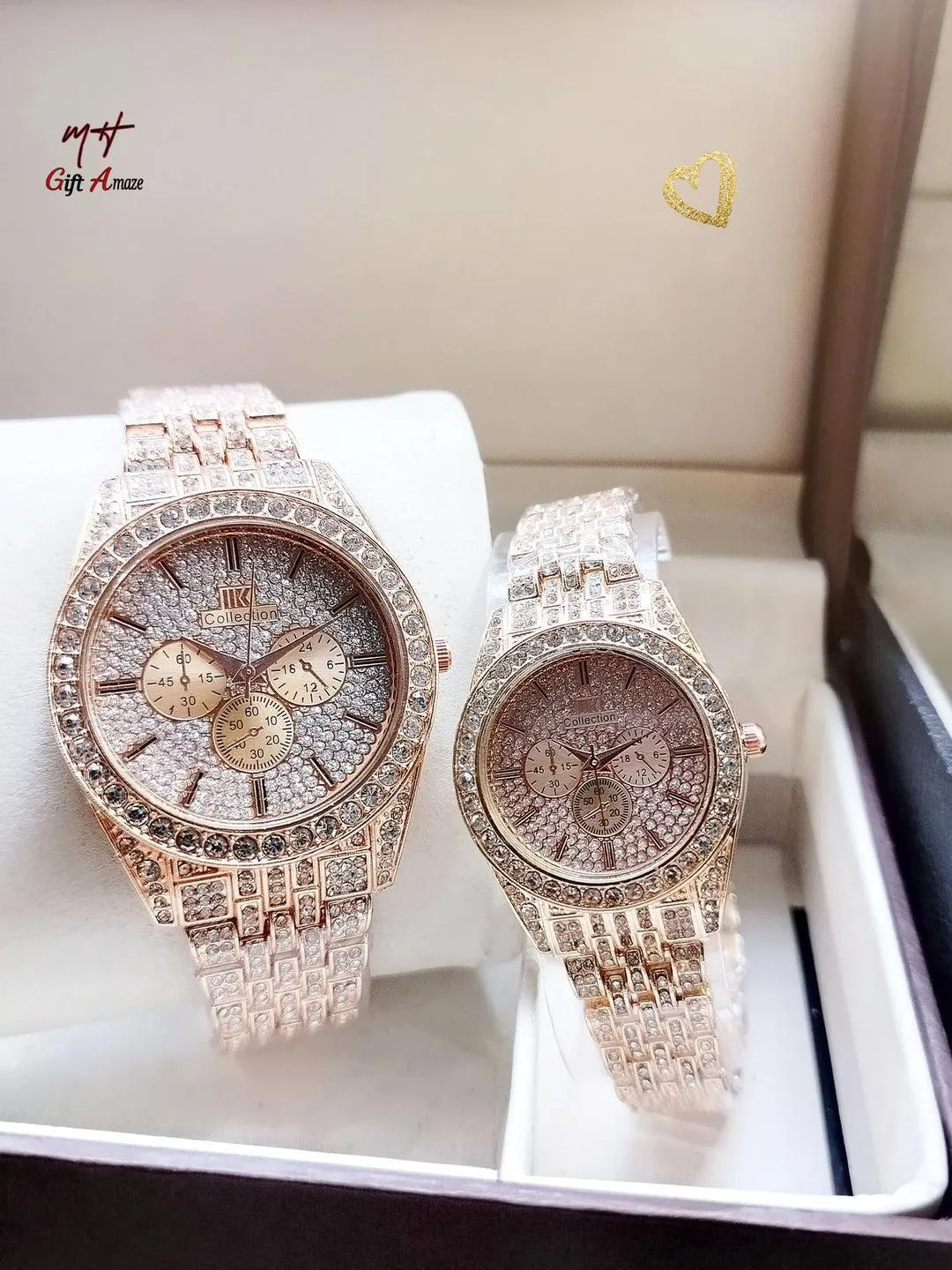 Luxury Unisex Couple Watches Set - 2-Piece Crystal Encrusted Chain Strap Analogue Watche