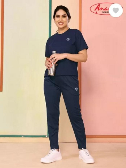 Women's Blue Slim Fit Tracksuit Set - Premium Micro Interlock Casual 2-Piece Jogging Suit