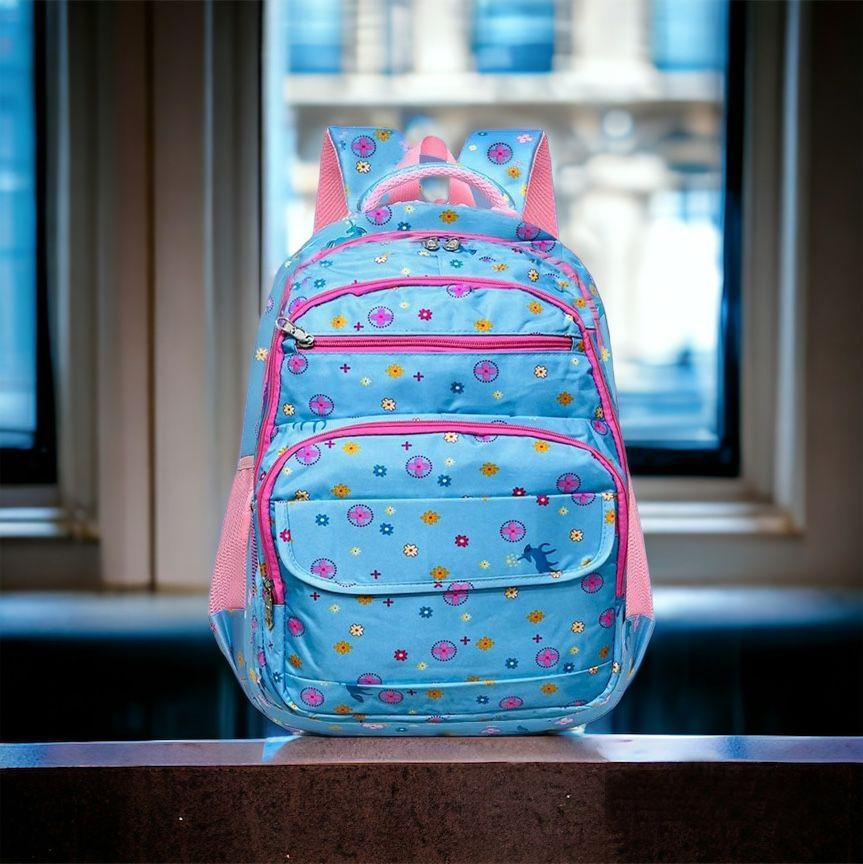 Premium Kids School Backpack - 17" Durable Blue Floral Nylon School Bag for Girls