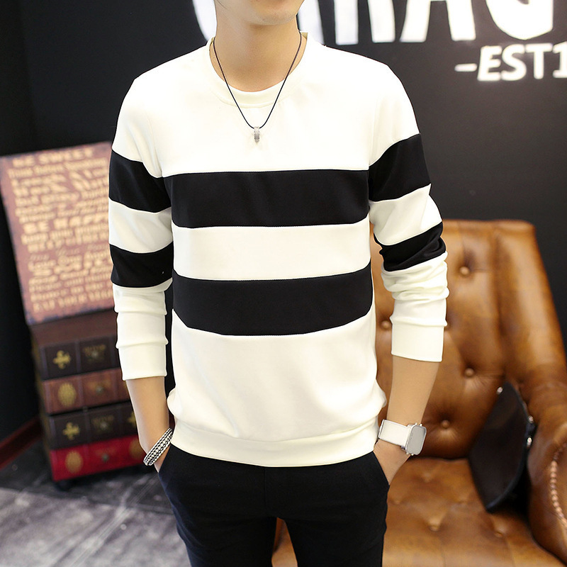 Men's Striped Long Sleeve T-Shirt - Black & White Casual Round Neck Tee