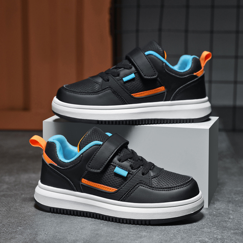 Kids Premium Leather Board Shoes - White & Sea Blue School Sports Sneakers