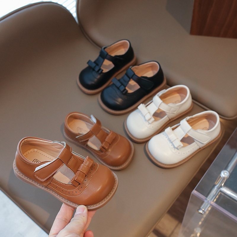Kids Premium Leather Mary Jane Shoes with Bow & Velcro Strap for Girls