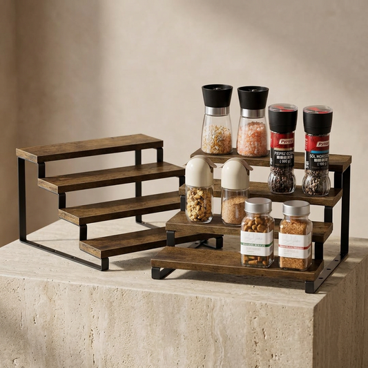 Premium 4-Layer Wooden Spice Rack - Countertop Kitchen Organizer with Black Metal Support