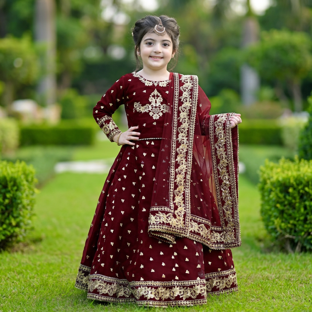 Girls 3-Piece Navy Blue & Gold Embroidered Shamoz Silk Festive Dress Set