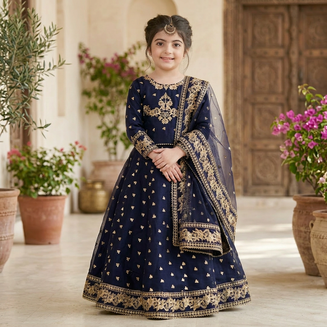 Girls 3-Piece Navy Blue & Gold Embroidered Shamoz Silk Festive Dress Set