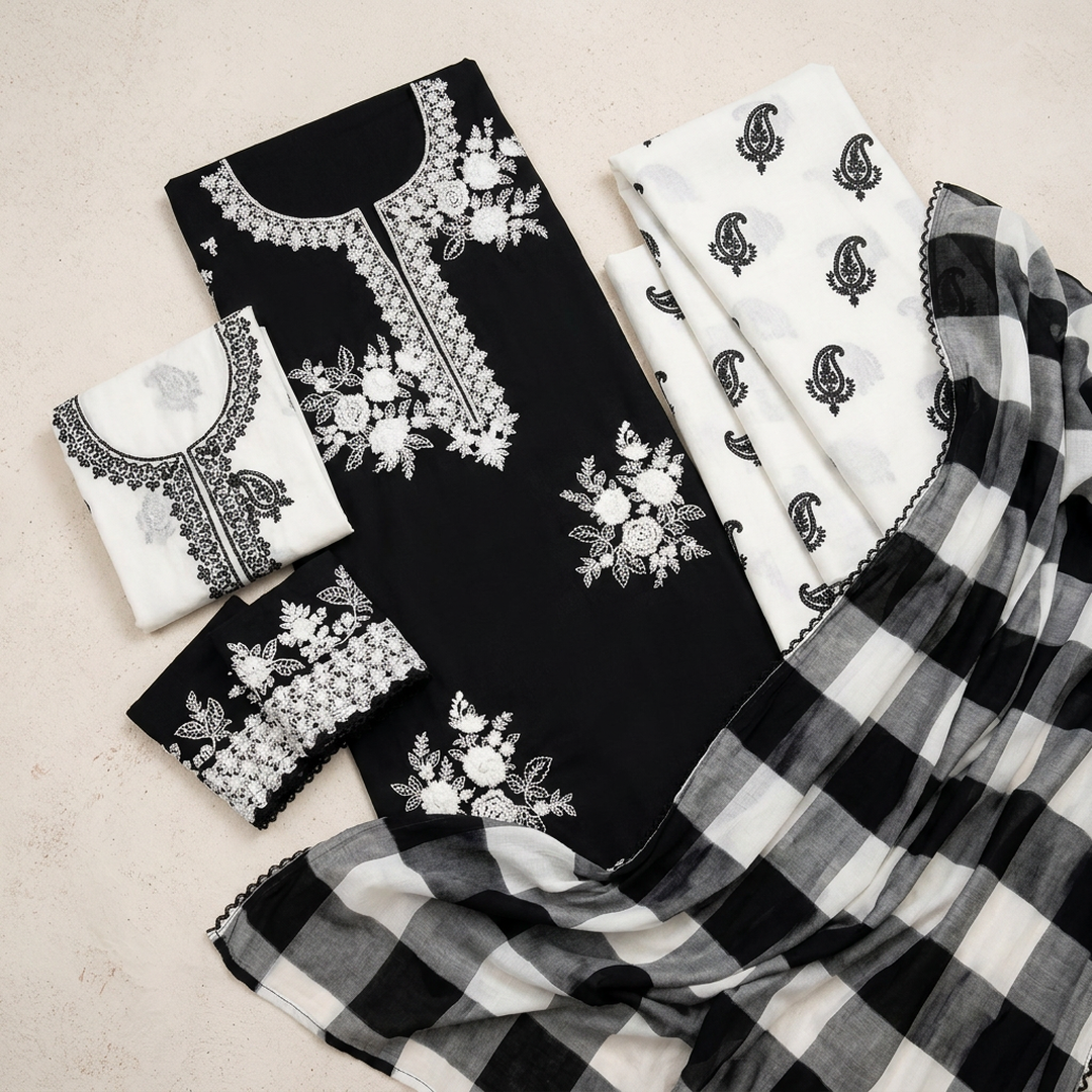 Women's Unstitched Black Embroidered 3-Piece Lawn Suit with Digital Printed Shawl