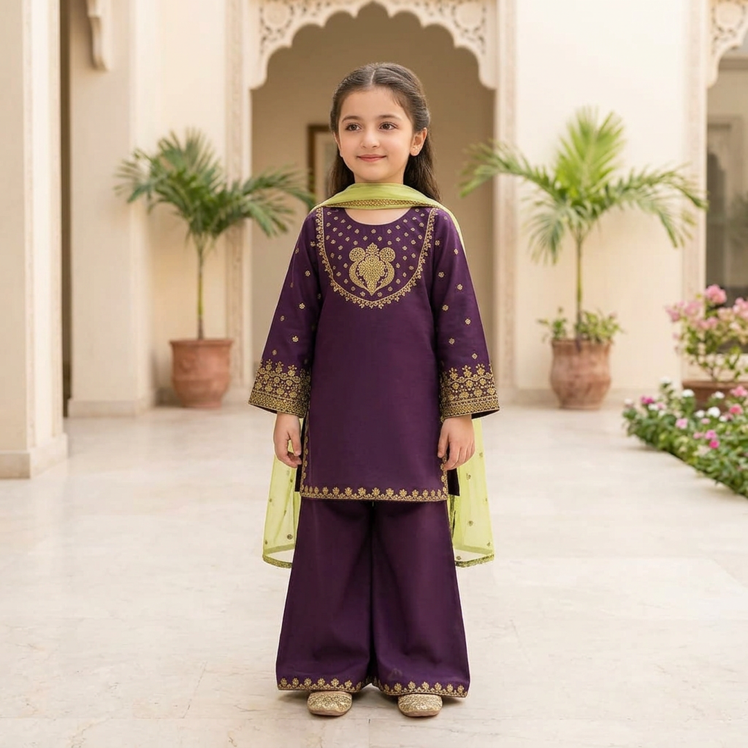 Girls 3-Piece Purple Embroidered Lawn Suit with Dupatta