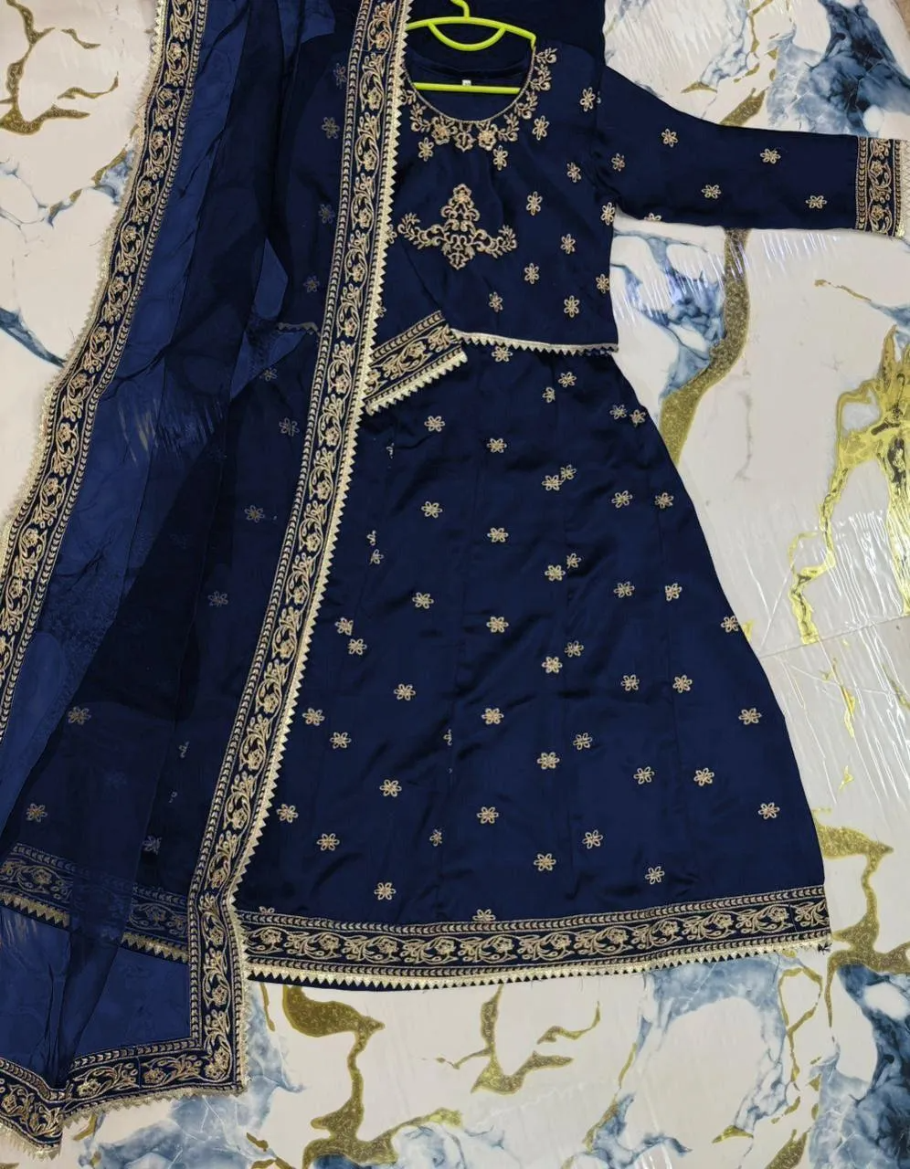 Girls 3-Piece Navy Blue & Gold Embroidered Shamoz Silk Festive Dress Set
