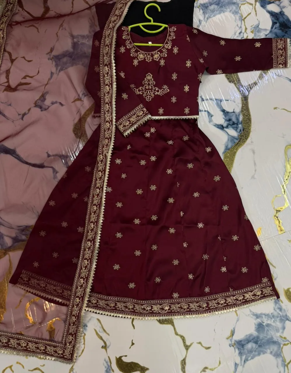 Girls 3-Piece Navy Blue & Gold Embroidered Shamoz Silk Festive Dress Set
