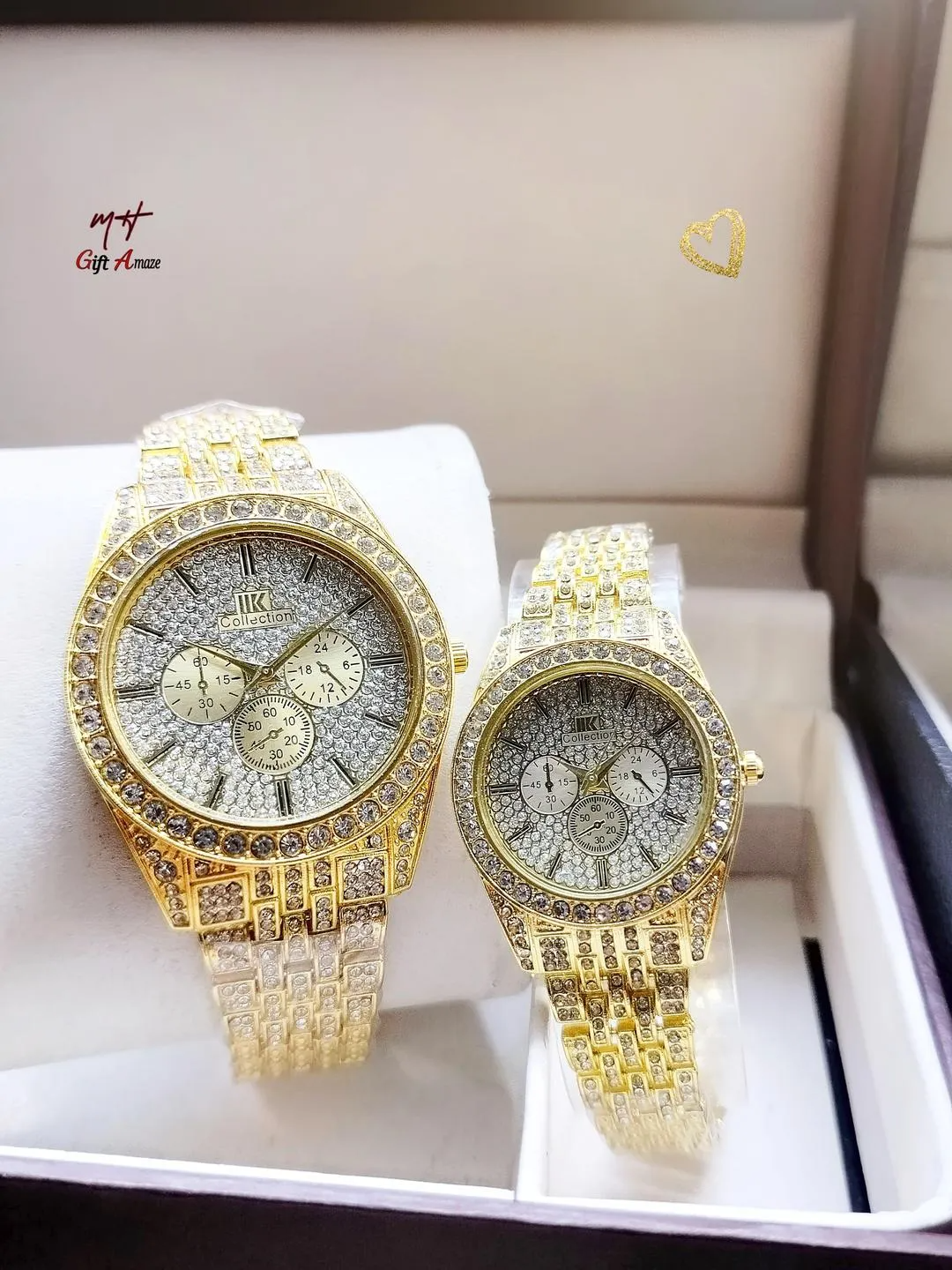 Luxury Unisex Couple Watches Set - 2-Piece Crystal Encrusted Chain Strap Analogue Watche
