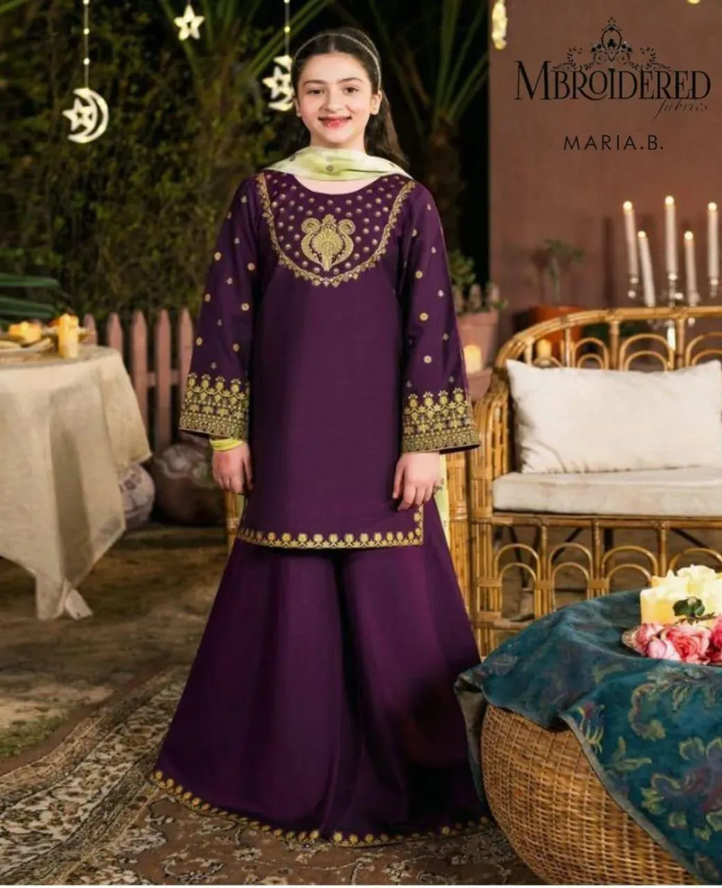 Girls 3-Piece Purple Embroidered Lawn Suit with Dupatta