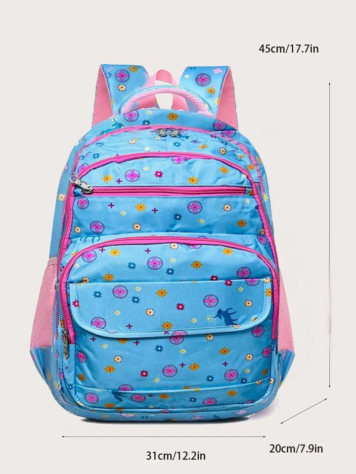 Premium Kids School Backpack - 17" Durable Blue Floral Nylon School Bag for Girls