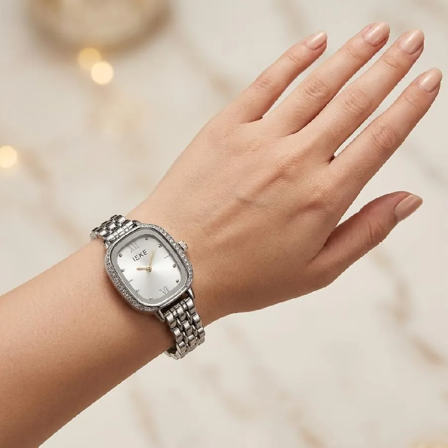 Luxury Women's Crystal-Bezel Watch - Silver Stainless Steel Rectangle Chain Wristwatch