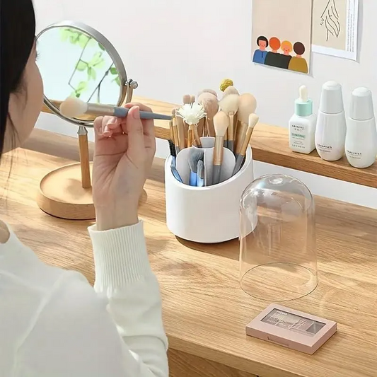 360° Rotating Makeup Brush Organizer with Clear Dust-Proof Lid - Premium Acrylic Vanity Storage (White)