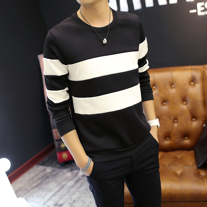 Men's Striped Long Sleeve T-Shirt - Black & White Casual Round Neck Tee