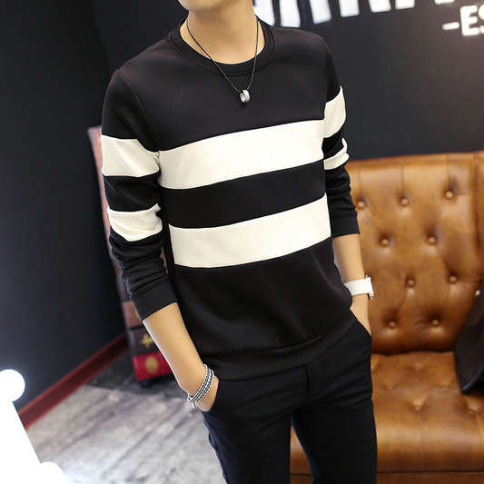 Men's Striped Long Sleeve T-Shirt - Black & White Casual Round Neck Tee