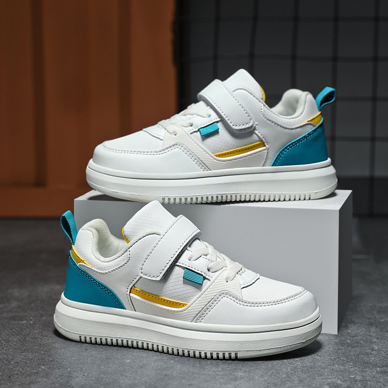 Kids Premium Leather Board Shoes - White & Sea Blue School Sports Sneakers