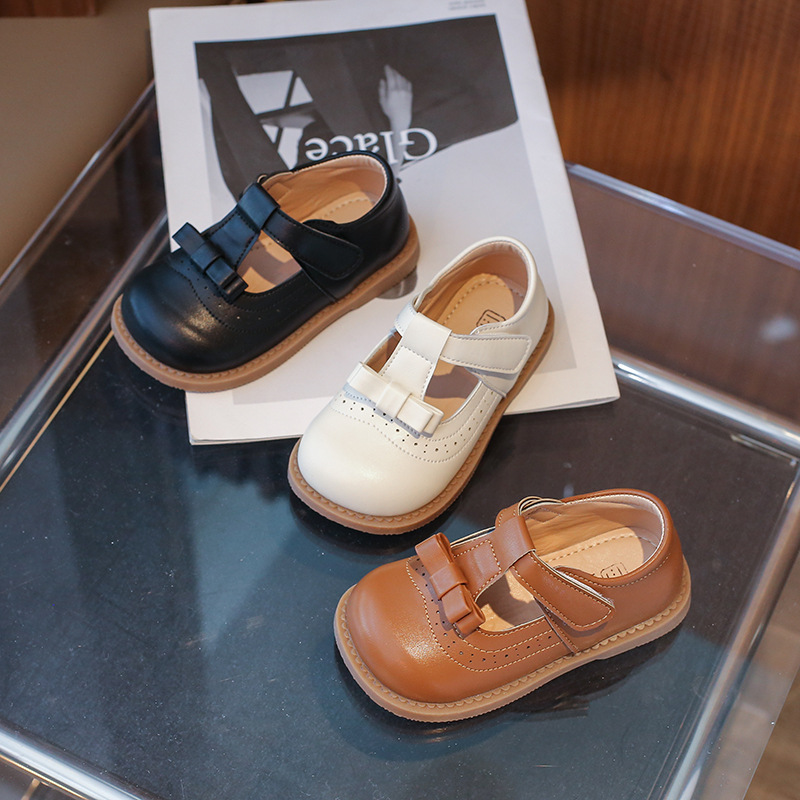 Kids Premium Leather Mary Jane Shoes with Bow & Velcro Strap for Girls