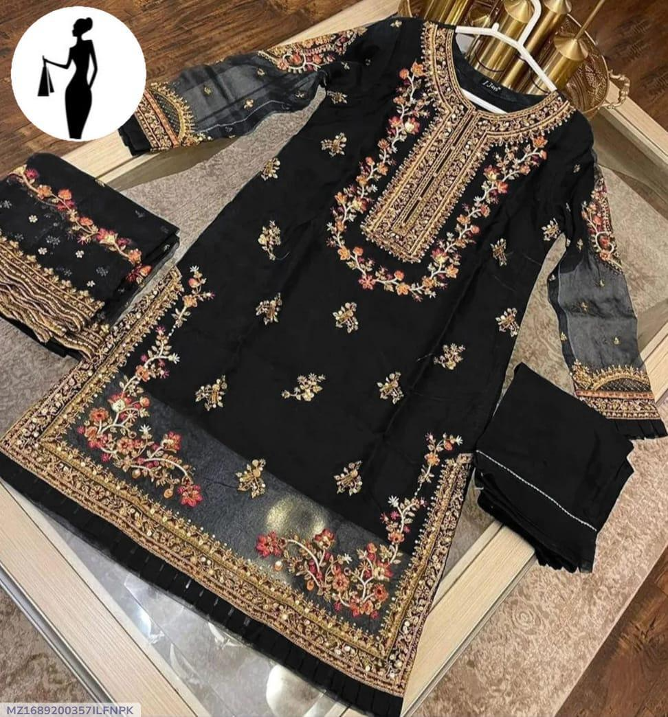 Elegant Black Organza 3-Piece Suit with Luxury Floral Embroidery & Pearls