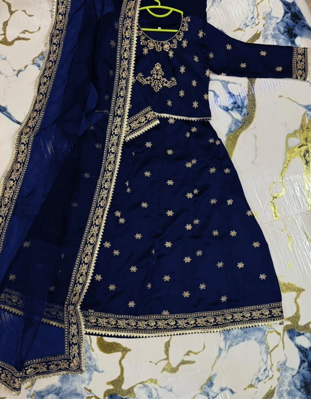 Girls 3-Piece Navy Blue & Gold Embroidered Shamoz Silk Festive Dress Set