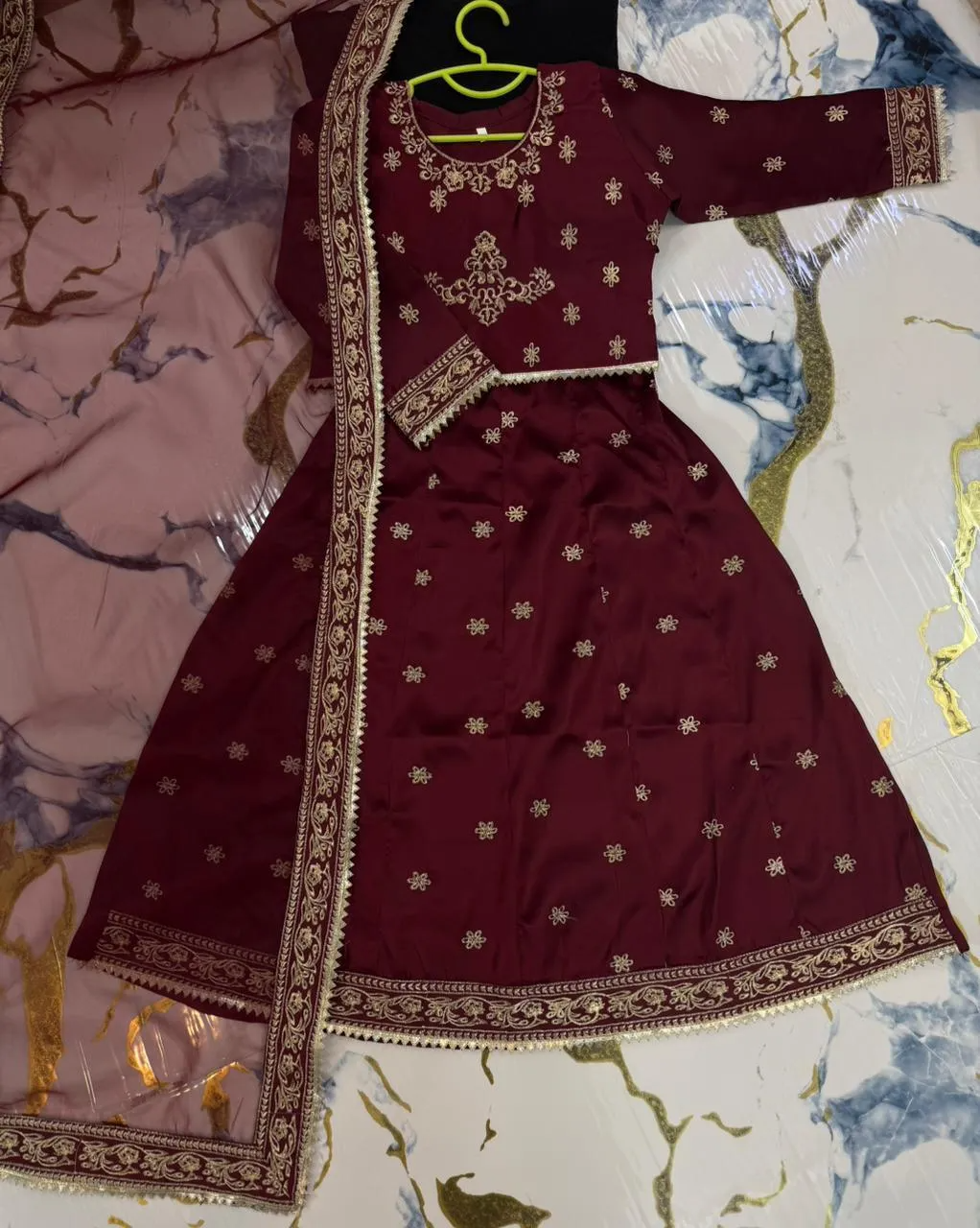 Girls 3-Piece Navy Blue & Gold Embroidered Shamoz Silk Festive Dress Set