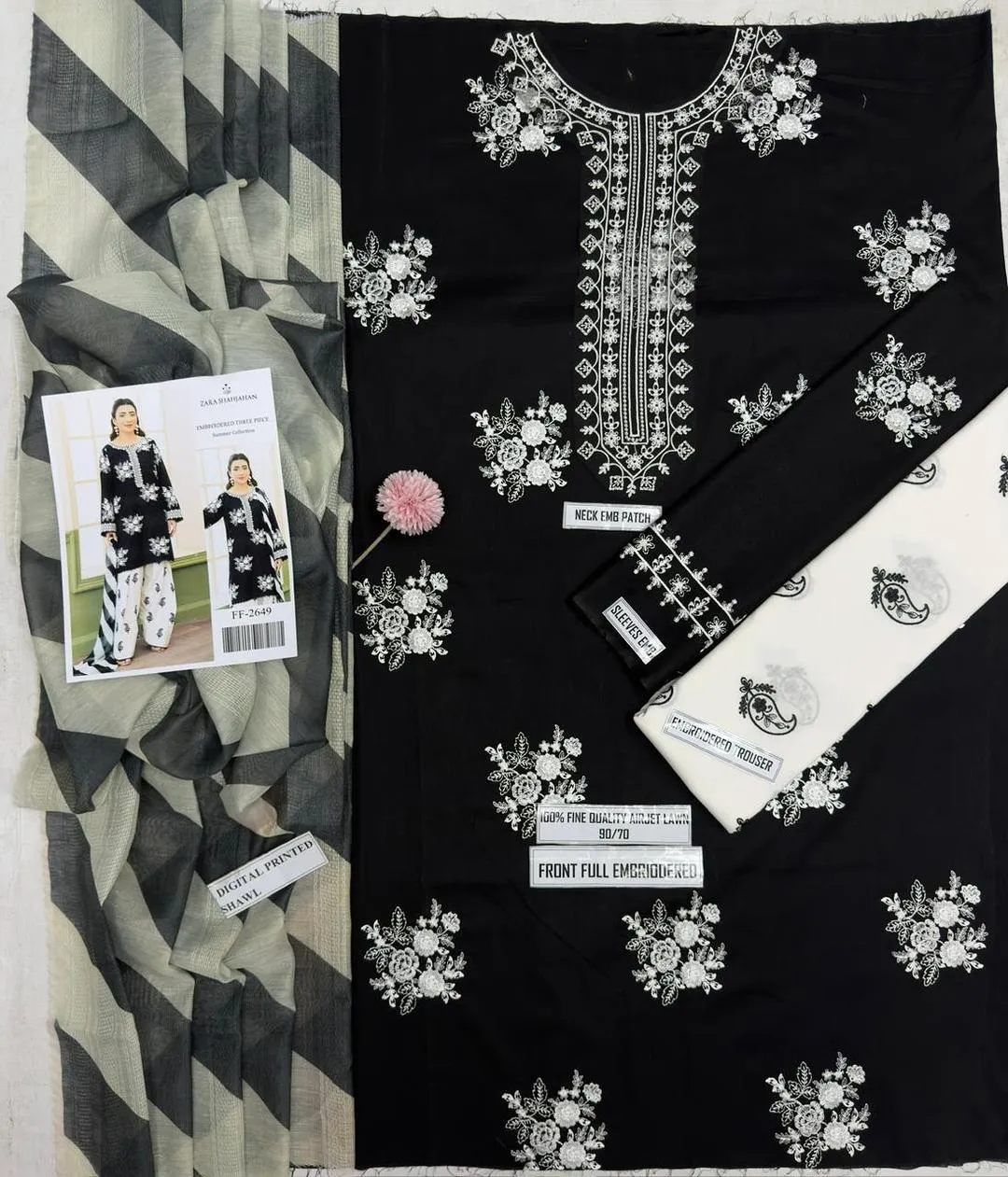 Women's Unstitched Black Embroidered 3-Piece Lawn Suit with Digital Printed Shawl