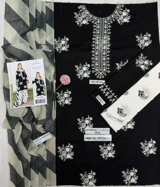 Women's Unstitched Black Embroidered 3-Piece Lawn Suit with Digital Printed Shawl