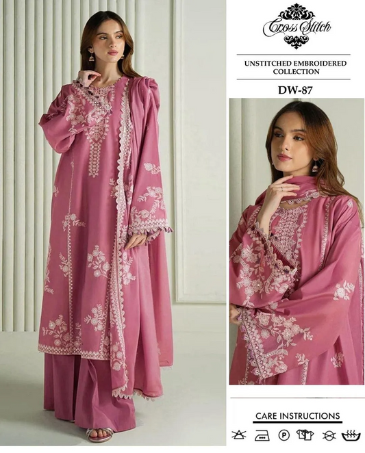 Women's 3-Piece Pink Embroidered Lawn Suit with Printed Khaadi Net Dupatta