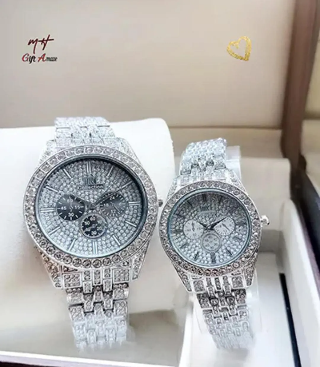 Luxury Unisex Couple Watches Set - 2-Piece Crystal Encrusted Chain Strap Analogue Watche