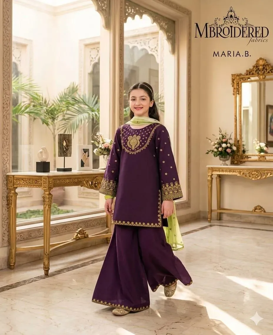 Girls 3-Piece Purple Embroidered Lawn Suit with Dupatta