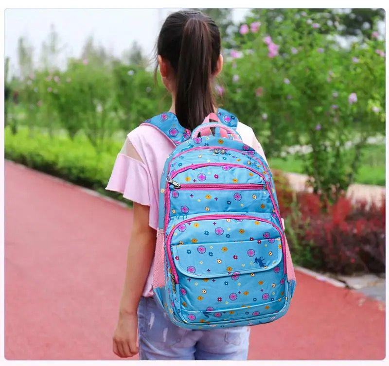 Premium Kids School Backpack - 17" Durable Blue Floral Nylon School Bag for Girls