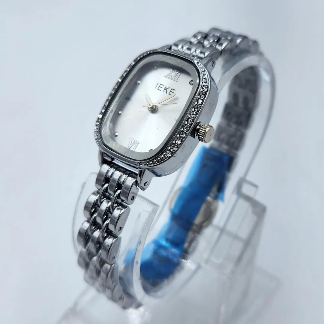 Luxury Women's Crystal-Bezel Watch - Silver Stainless Steel Rectangle Chain Wristwatch