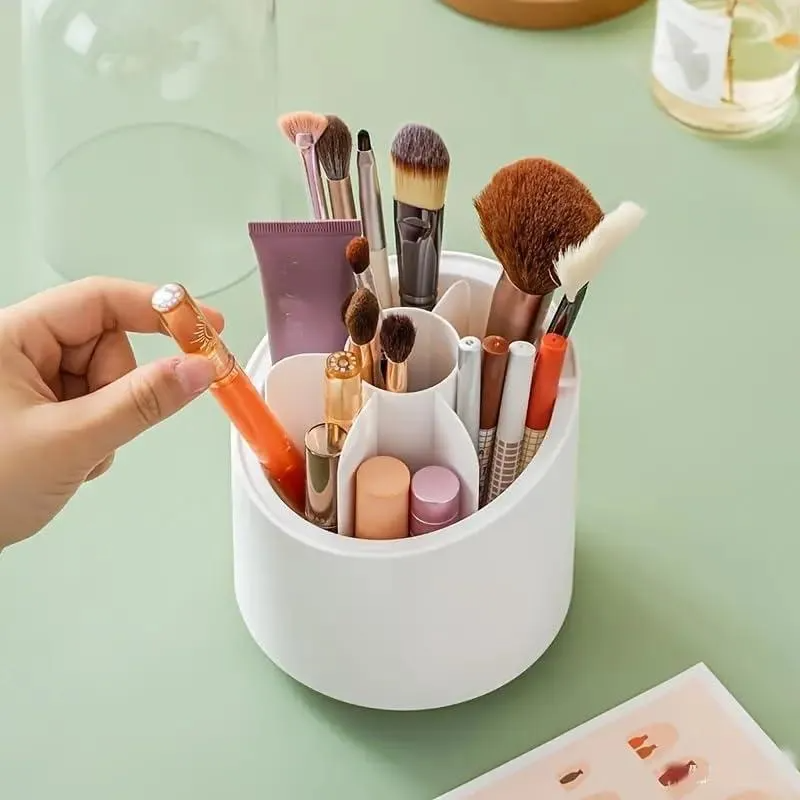 360° Rotating Makeup Brush Organizer with Clear Dust-Proof Lid - Premium Acrylic Vanity Storage (White)