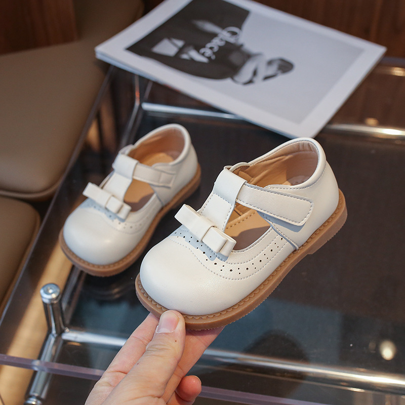 Kids Premium Leather Mary Jane Shoes with Bow & Velcro Strap for Girls