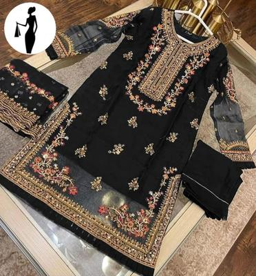 Elegant Black Organza 3-Piece Suit with Luxury Floral Embroidery & Pearls