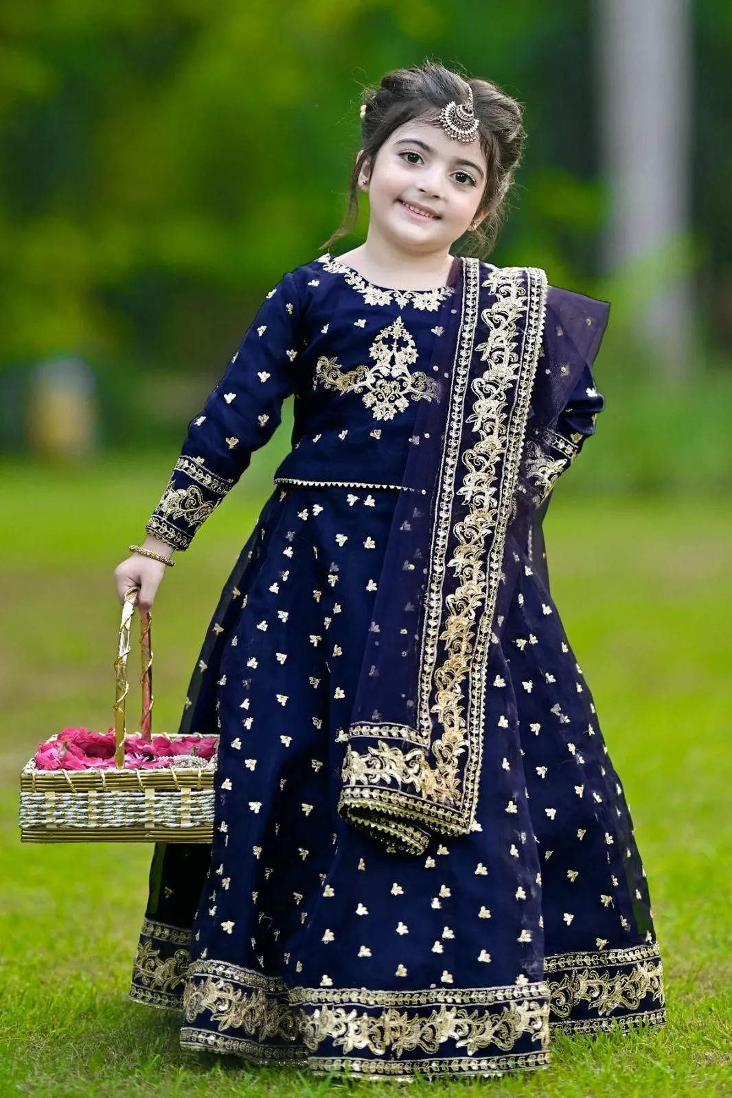 Girls 3-Piece Navy Blue & Gold Embroidered Shamoz Silk Festive Dress Set