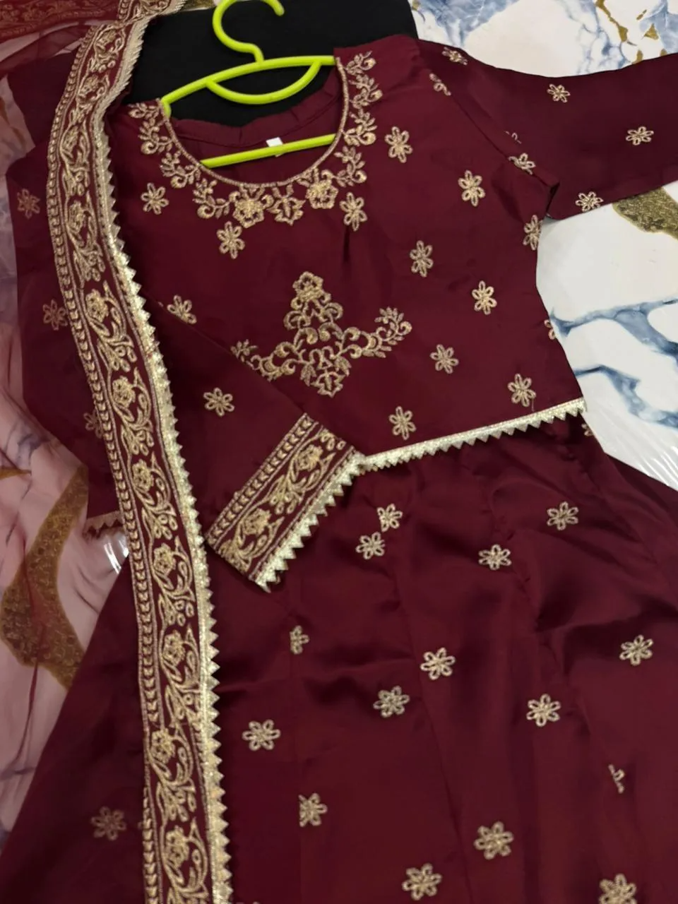 Girls 3-Piece Navy Blue & Gold Embroidered Shamoz Silk Festive Dress Set