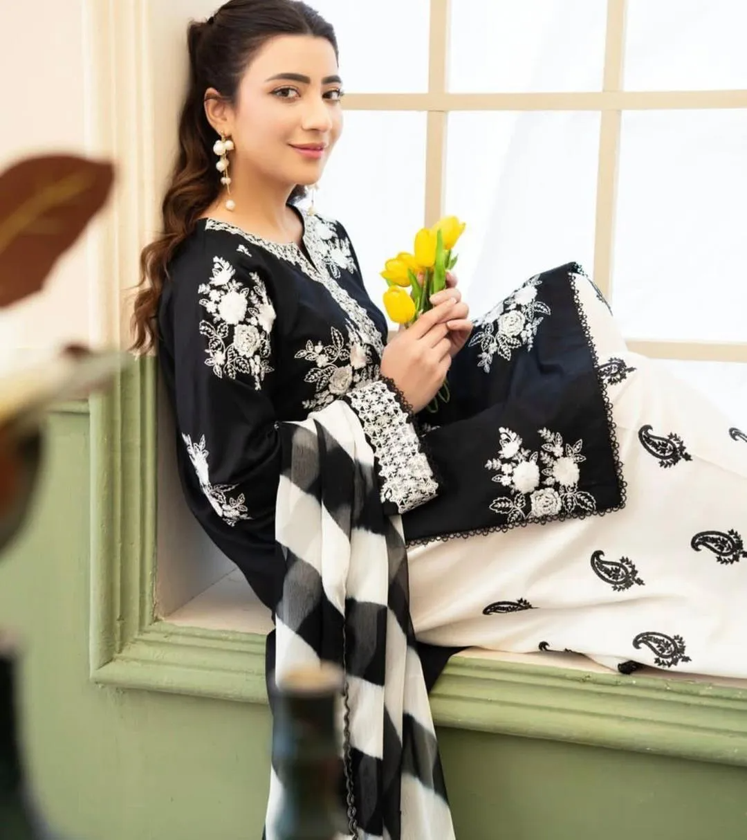 Women's Unstitched Black Embroidered 3-Piece Lawn Suit with Digital Printed Shawl