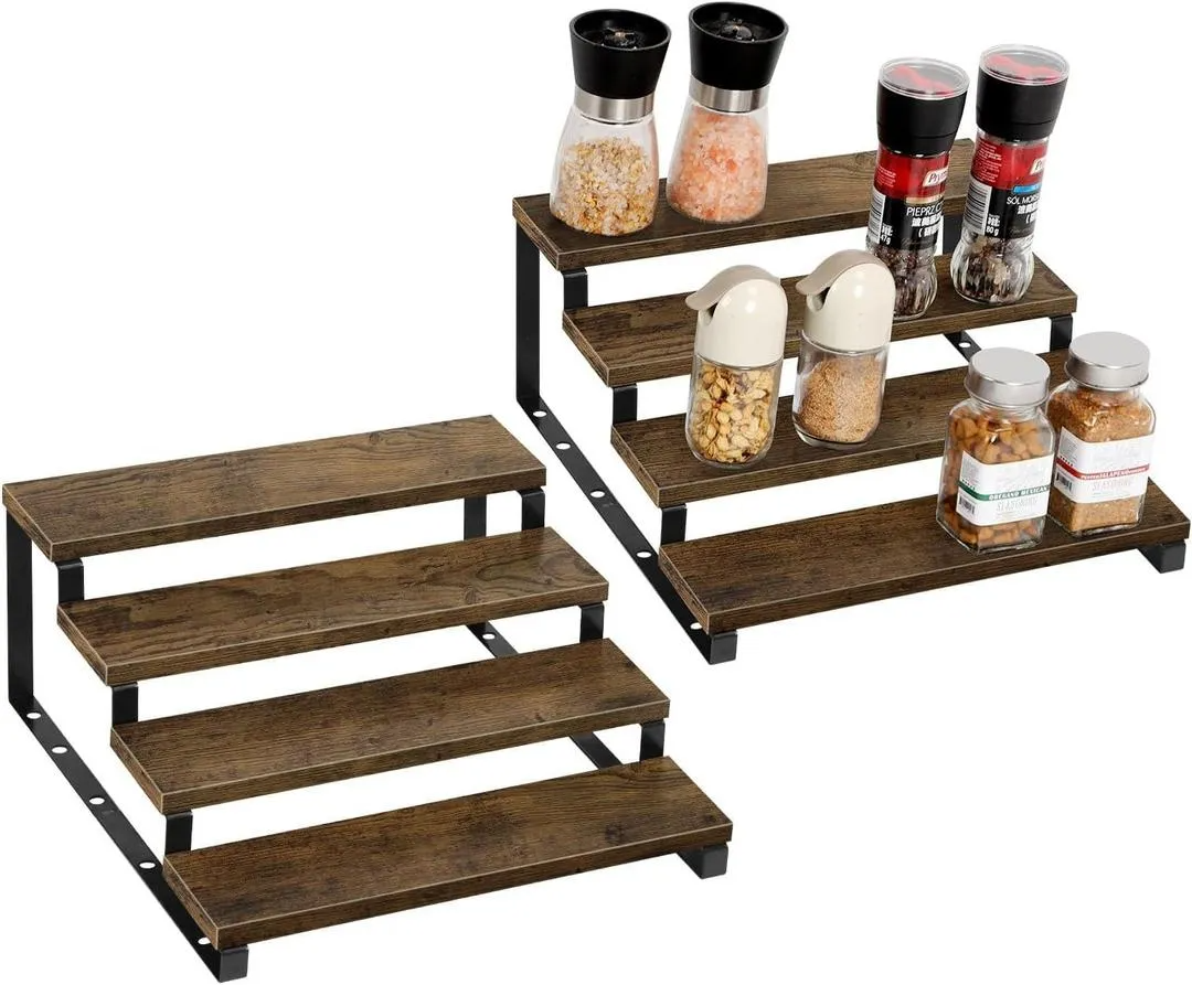 Premium 4-Layer Wooden Spice Rack - Countertop Kitchen Organizer with Black Metal Support