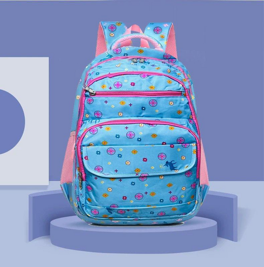 Premium Kids School Backpack - 17" Durable Blue Floral Nylon School Bag for Girls