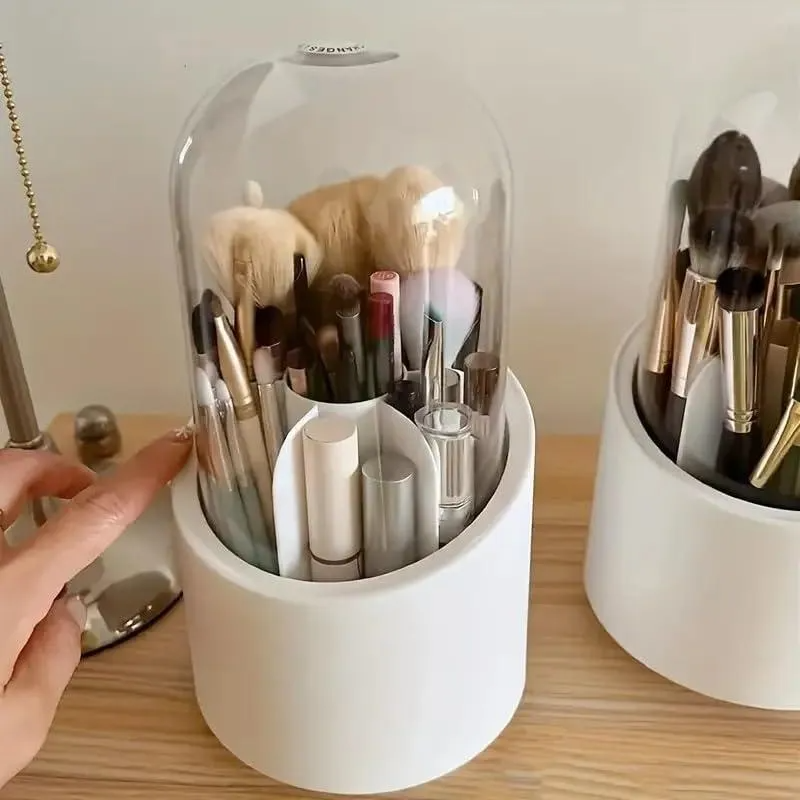 360° Rotating Makeup Brush Organizer with Clear Dust-Proof Lid - Premium Acrylic Vanity Storage (White)