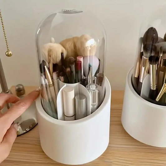 360° Rotating Makeup Brush Organizer with Clear Dust-Proof Lid - Premium Acrylic Vanity Storage (White)