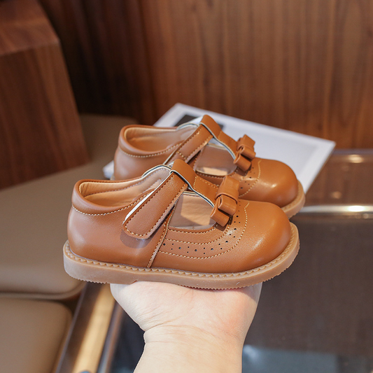 Kids Premium Leather Mary Jane Shoes with Bow & Velcro Strap for Girls