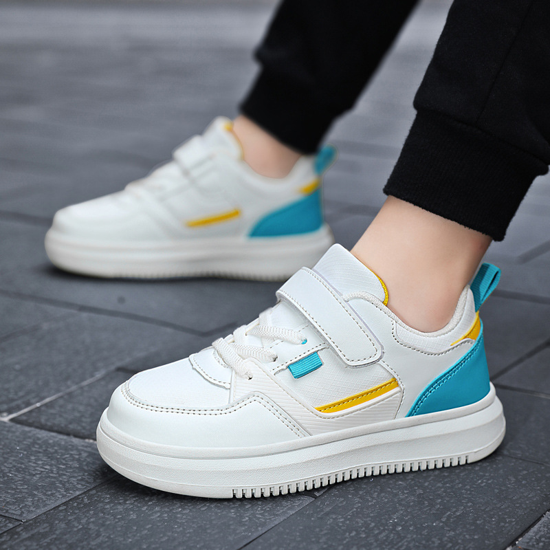 Kids Premium Leather Board Shoes - White & Sea Blue School Sports Sneakers