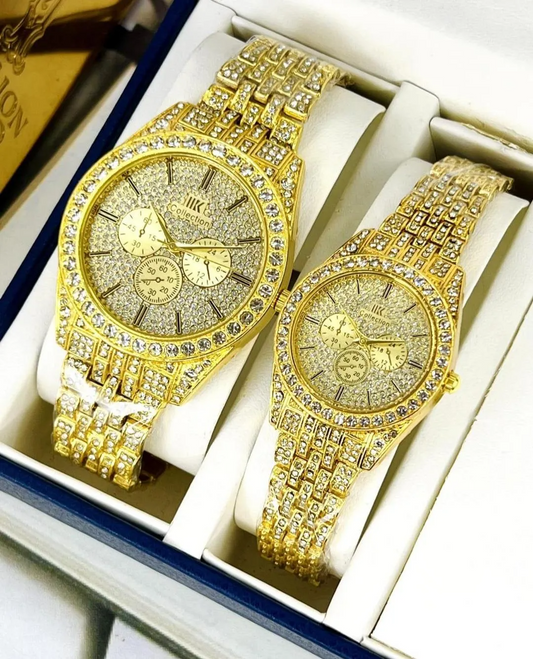 Luxury Unisex Couple Watches Set - 2-Piece Crystal Encrusted Chain Strap Analogue Watche