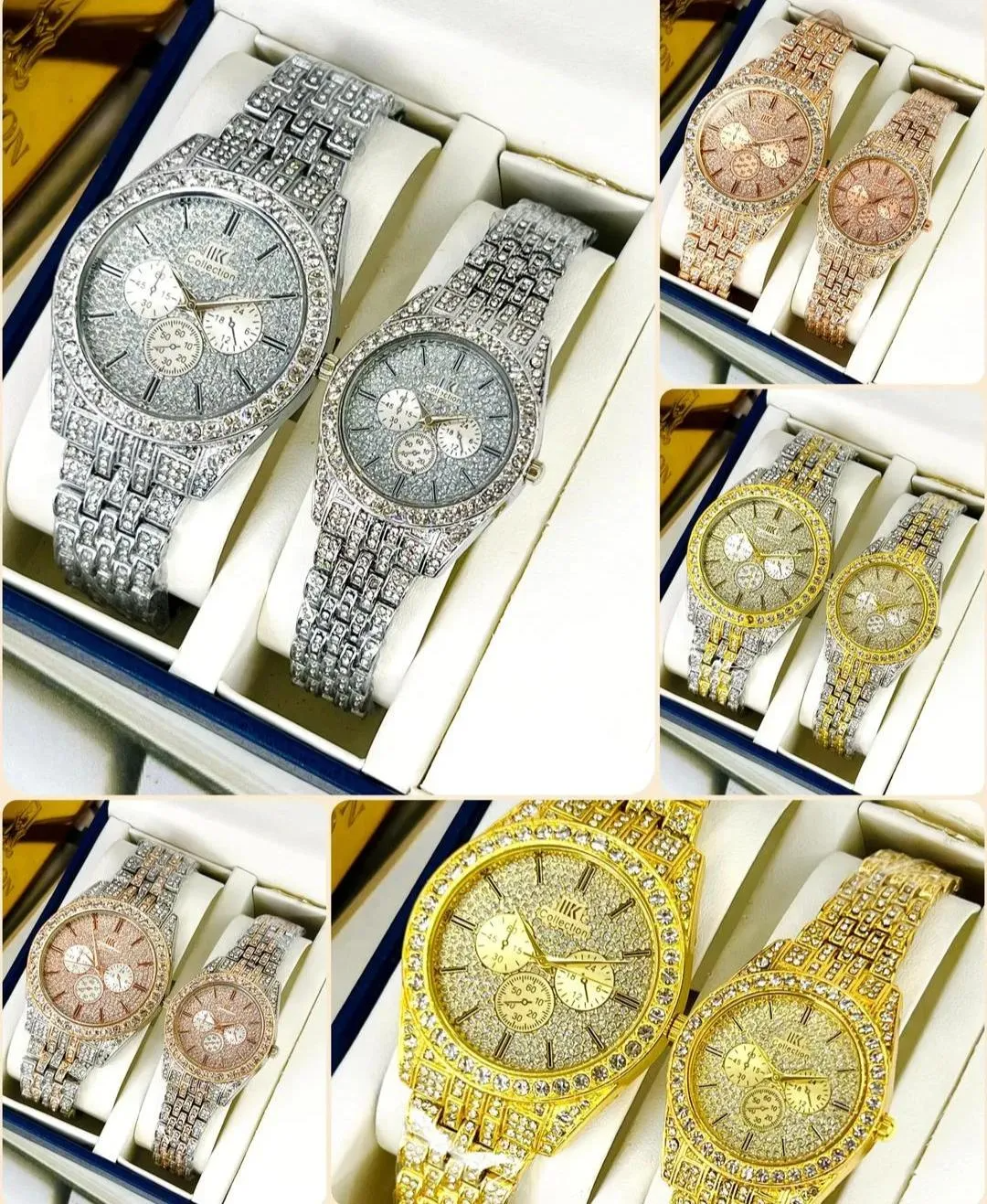 Luxury Unisex Couple Watches Set - 2-Piece Crystal Encrusted Chain Strap Analogue Watche